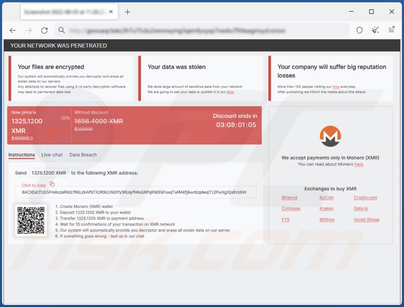 RedAlert (N13V) ransomware website voor het betalen van losgeld