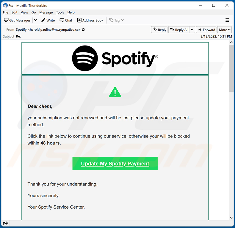 Spammail met Spotify-thema gebruikt om een oplichtingswebsite te promoten (2022-08-19)