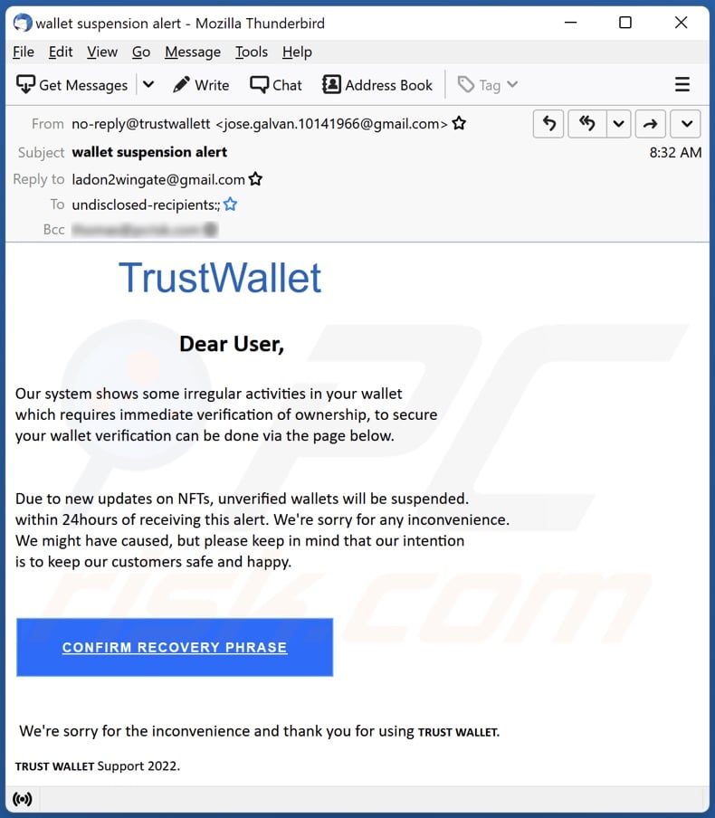 TrustWallet email spam campaign