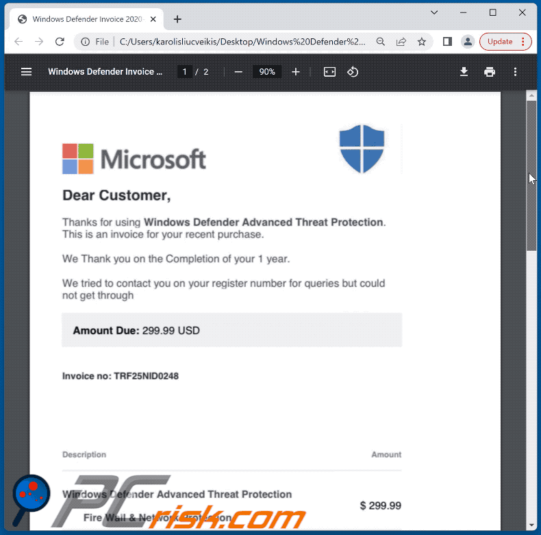 Scam PDF-document gedistribueerd met behulp van spam-e-mails met Windows Defender Subscription-thema