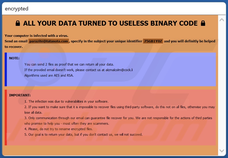 Arazite ransomware losgeld bericht (info.hta)