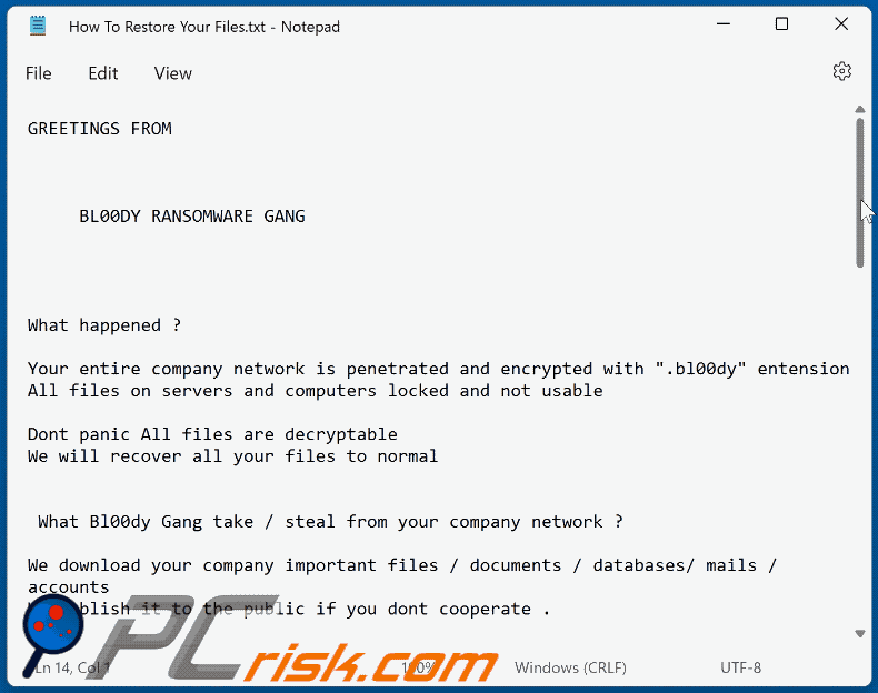 Bl00dy ransomware losgeld-eisend bericht (How To Restore Your Files.txt) GIF