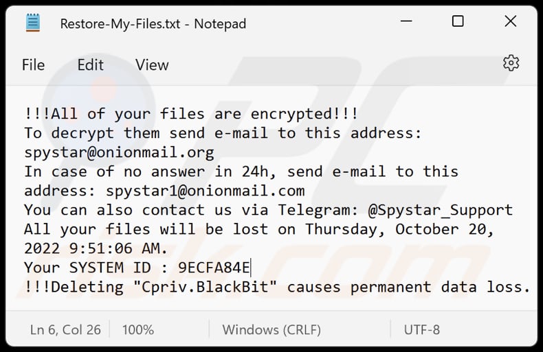 blackbit ransomware .txt file (Restore-My-Files.txt)