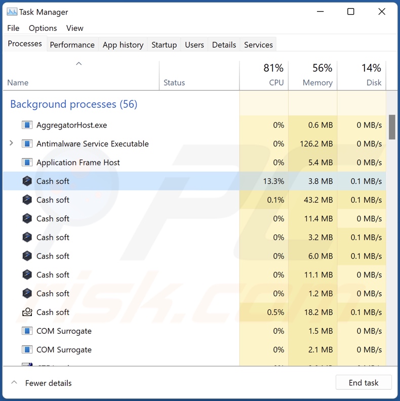 Cash adware proces op Taakbeheer (Cash soft - procesnaam)