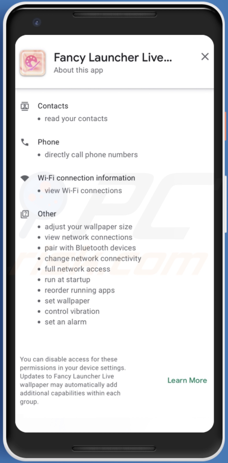 Permissions asked by Harly malware (Fancy Launcher Live wallpaper - disguise)