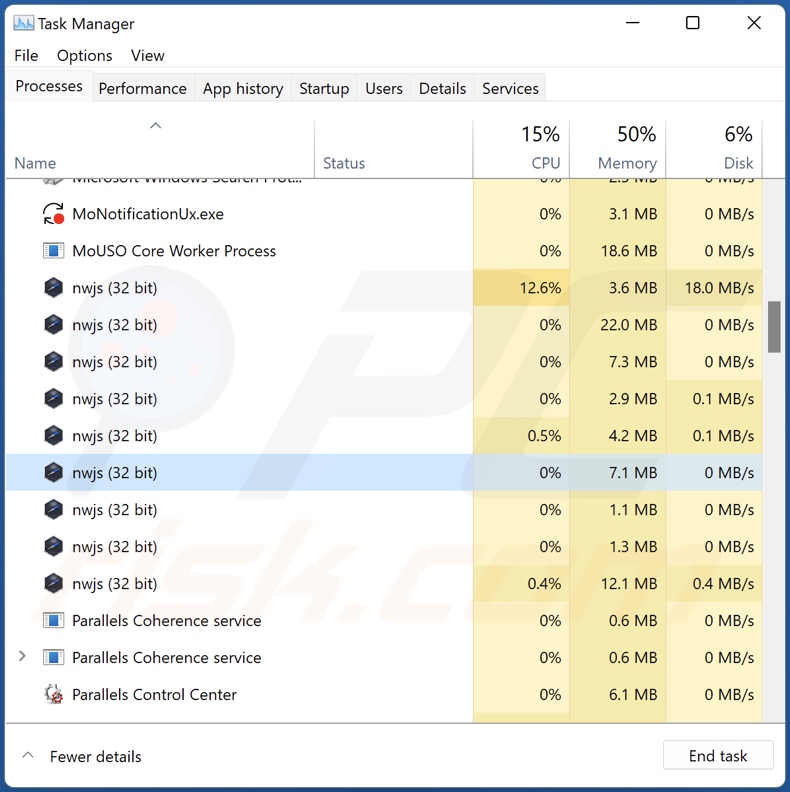 Mobiel adware-proces op Taakbeheer (nwjs - procesnaam)