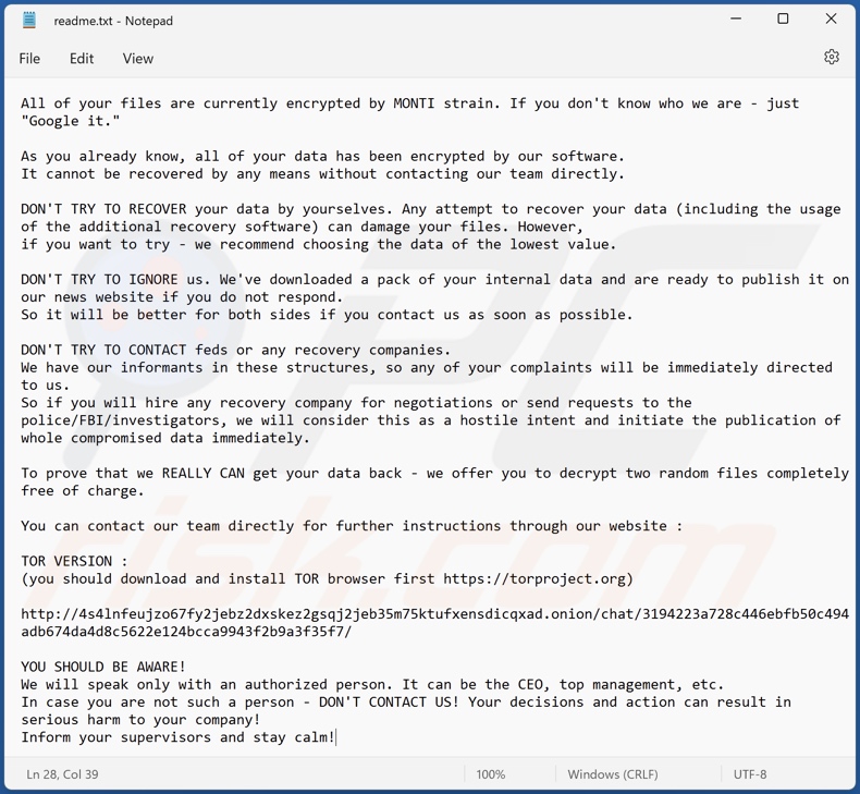 MONTI ransomware ransom-demanding message (readme.txt)