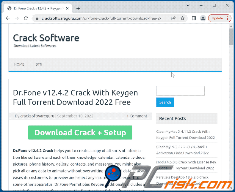 Software crack website verspreidt malware verschijning (GIF)
