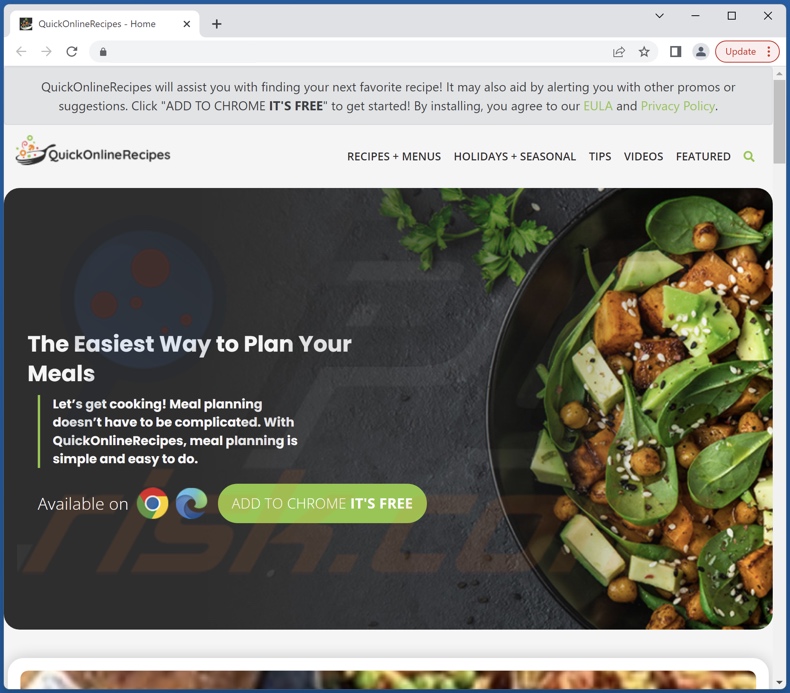 Website promoting Quick Online Recipes adware