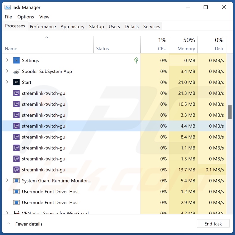 Streamlink-twitch-gui adware-proces op Taakbeheer (streamlink-twitch-gui - procesnaam)