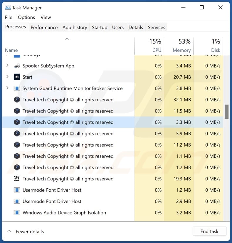 travel adware travel tech copyright process in task manager