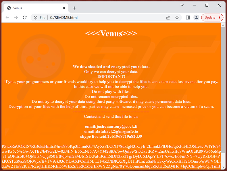 Venus ransomware HTML file (README.html)