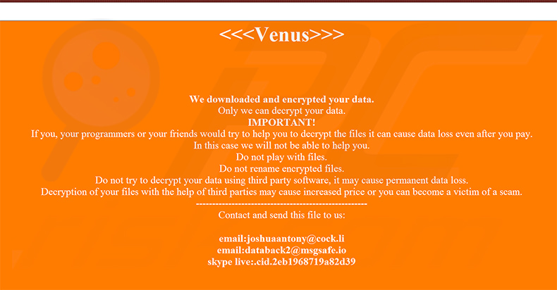 Venus ransomware pop-up window