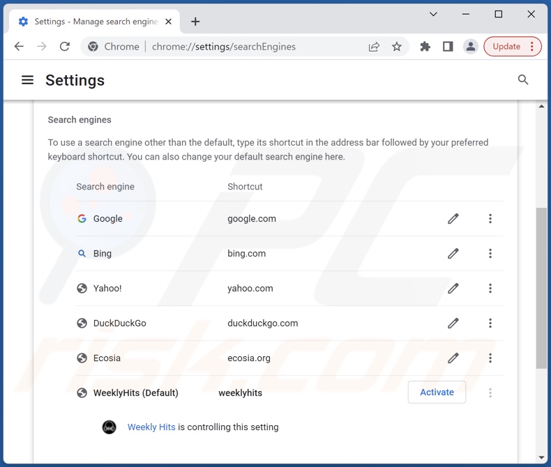 Verwijderen van weeklyhits.xyz uit Google Chrome standaard zoekmachine