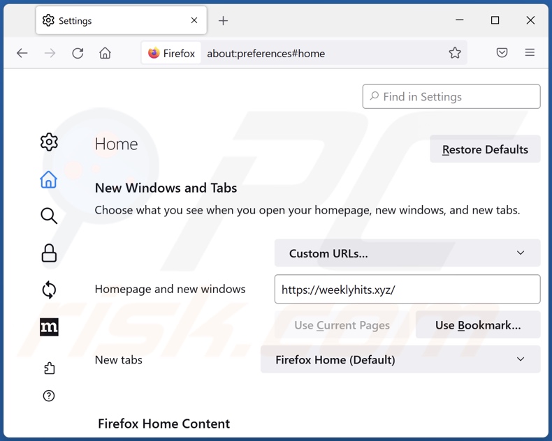 weeklyhits.xyz van Mozilla Firefox-homepage verwijderen