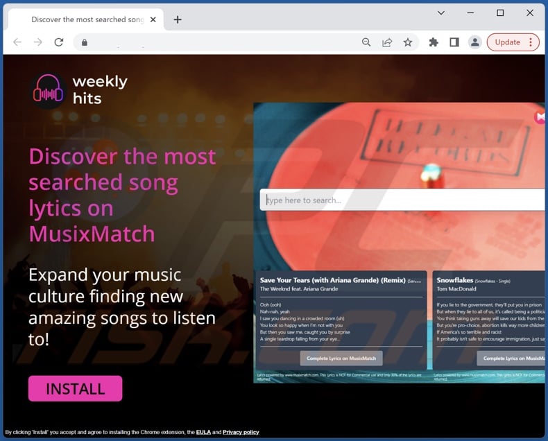 Website gebruikt om Weekly Hits browser hijacker te promoten