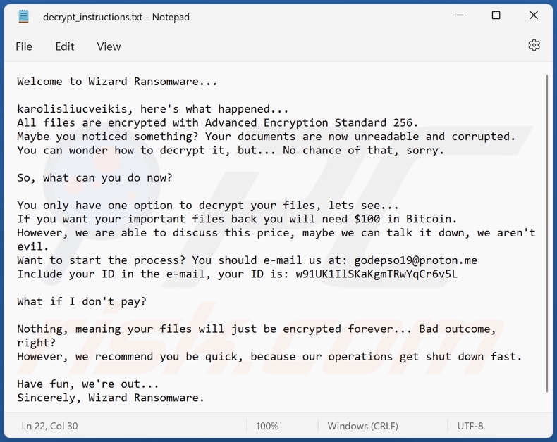 Wizard ransomware tekstbestand (decrypt_instructions.txt)