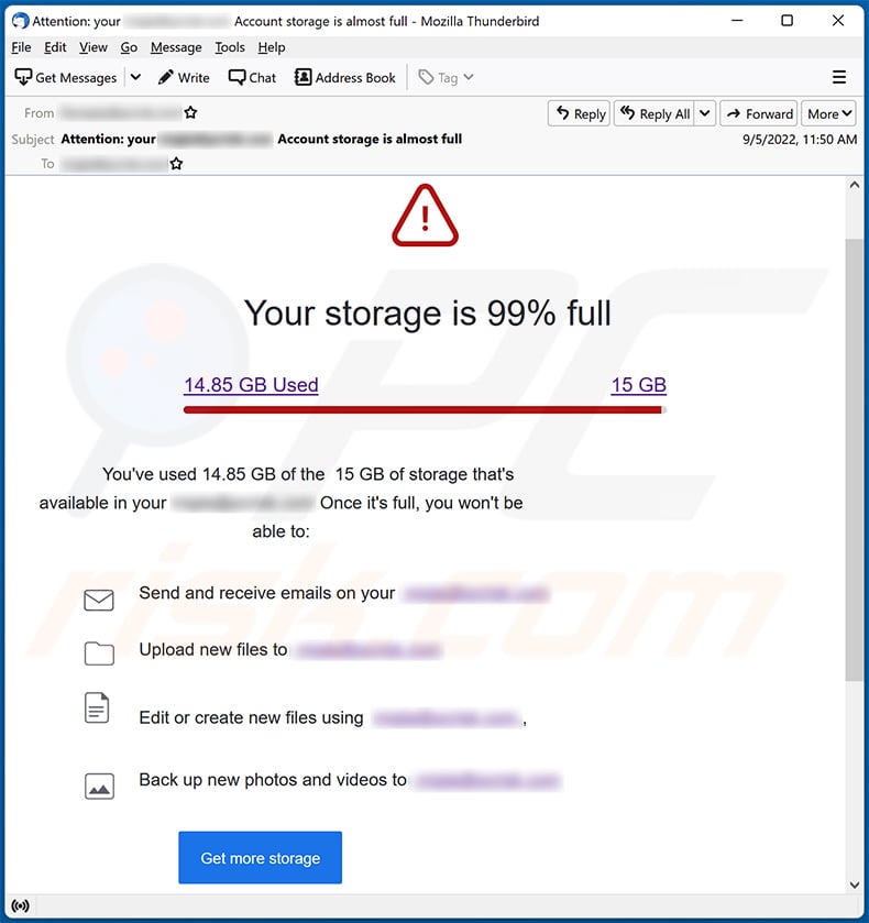 You Have Used Up Your Mail Storage scam email (2022-09-06)