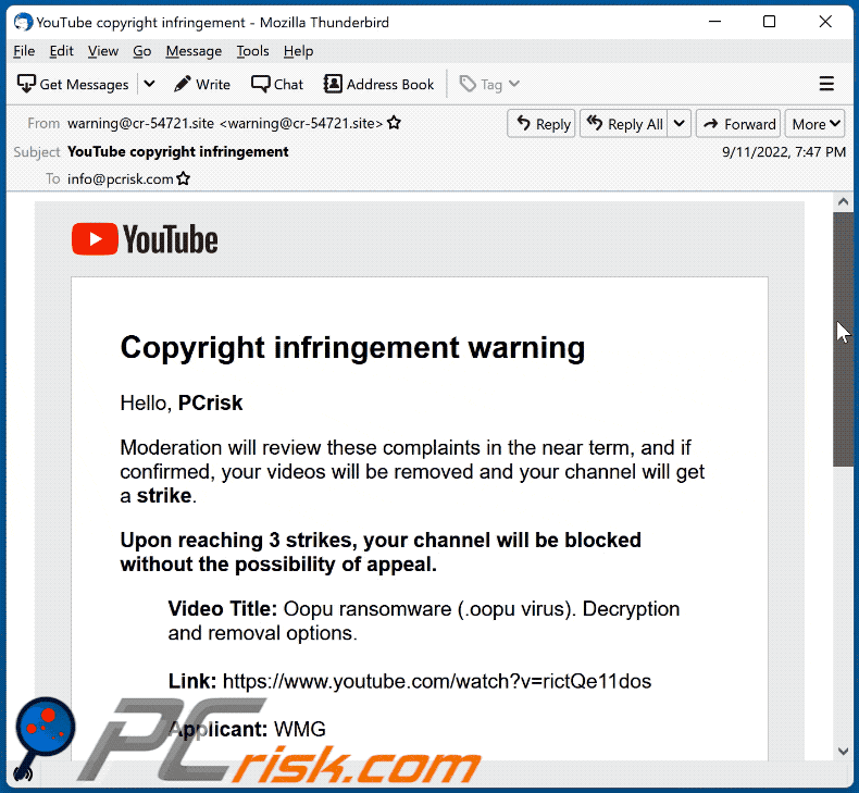 YouTube Copyright Infringement Warning email weergave