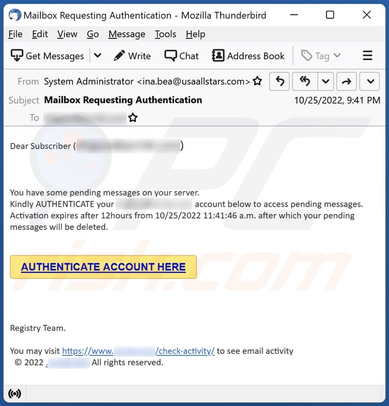 Authenticate Account scam email