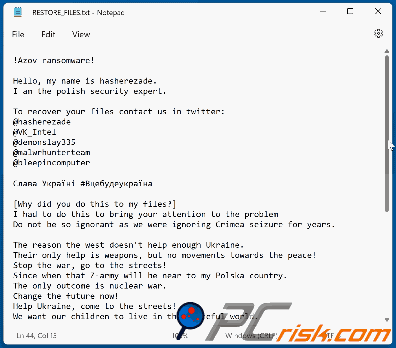 Azov ransomware ransom note (RESTORE_FILES.txt)