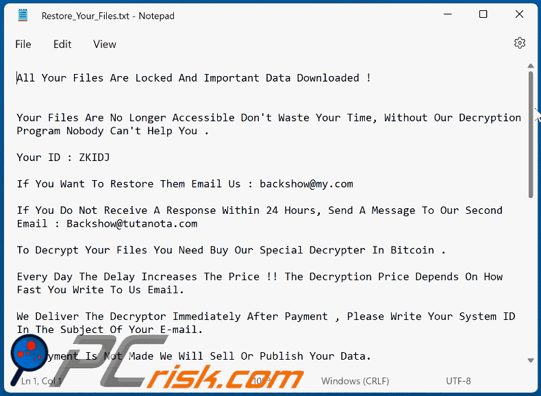 losgeldbrief backshow ransomware (Restore_Your_Files.txt)