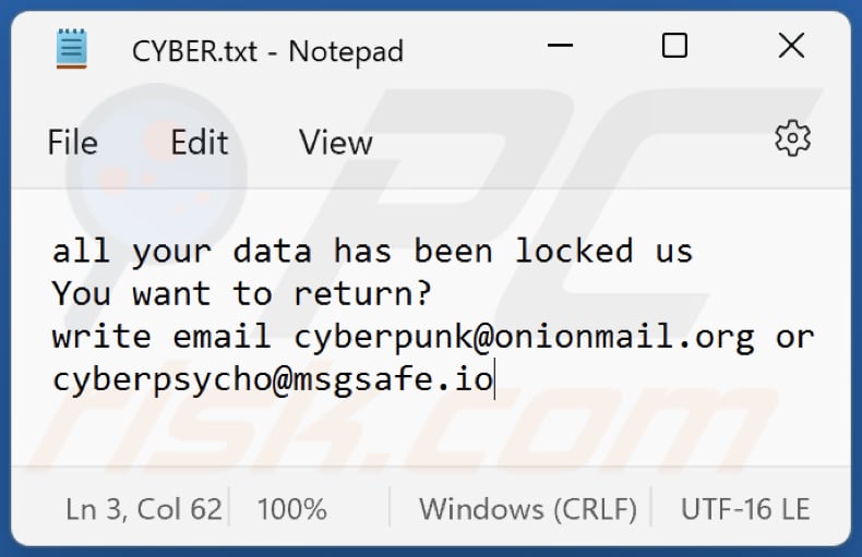 Cyberpunk ransomware txt bestand (CYBER.txt)