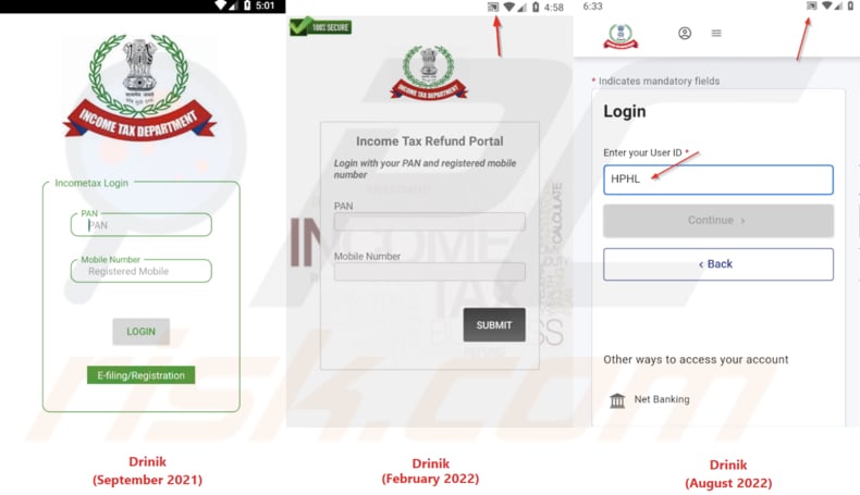 drinik malware appearance of different drinik versions