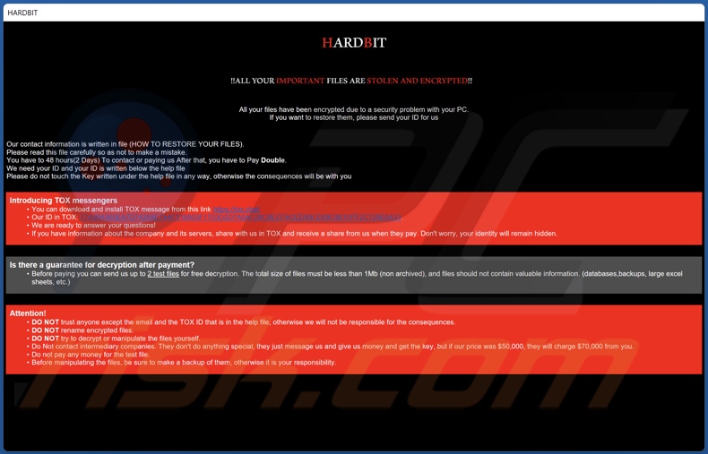 HARDBIT ransomware losgeld brief (pop-up)