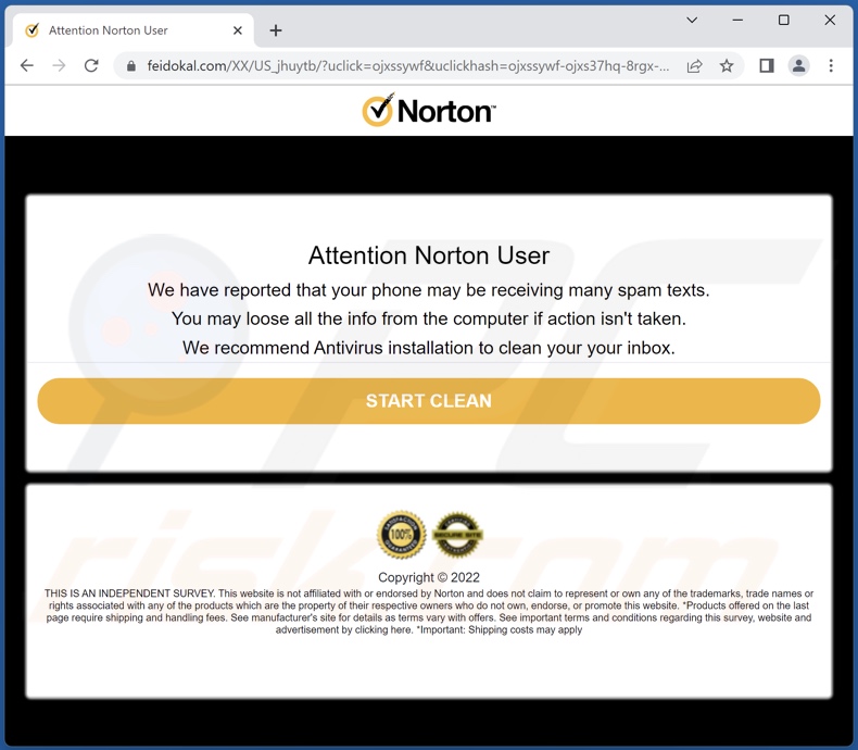 Norton - Your Phone May Be Receiving Many Spam Texts initial scam page