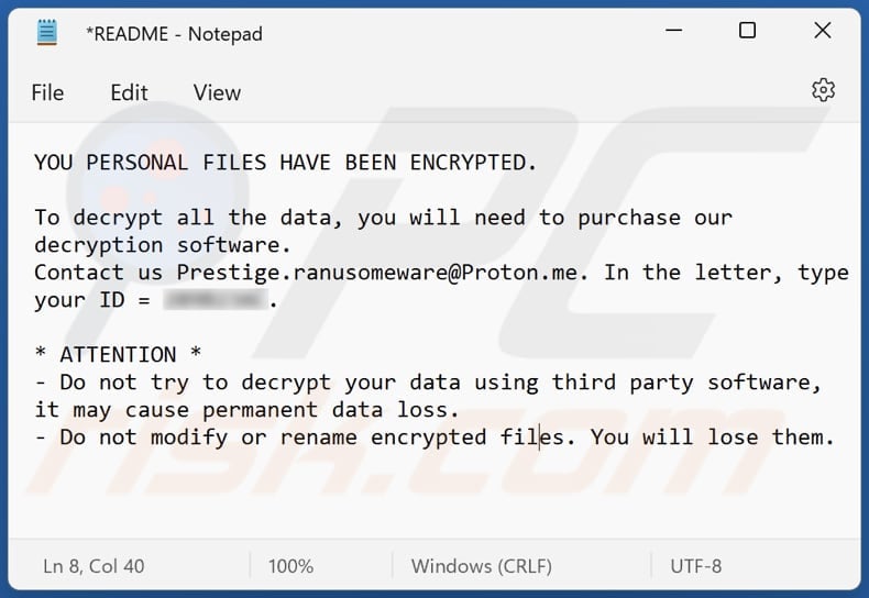 Prestige ransomware (README file)
