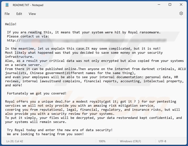 Royal ransomware tekstbestand (README.txt)