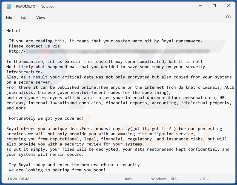 Royal ransomware tekstbestand (README.txt)