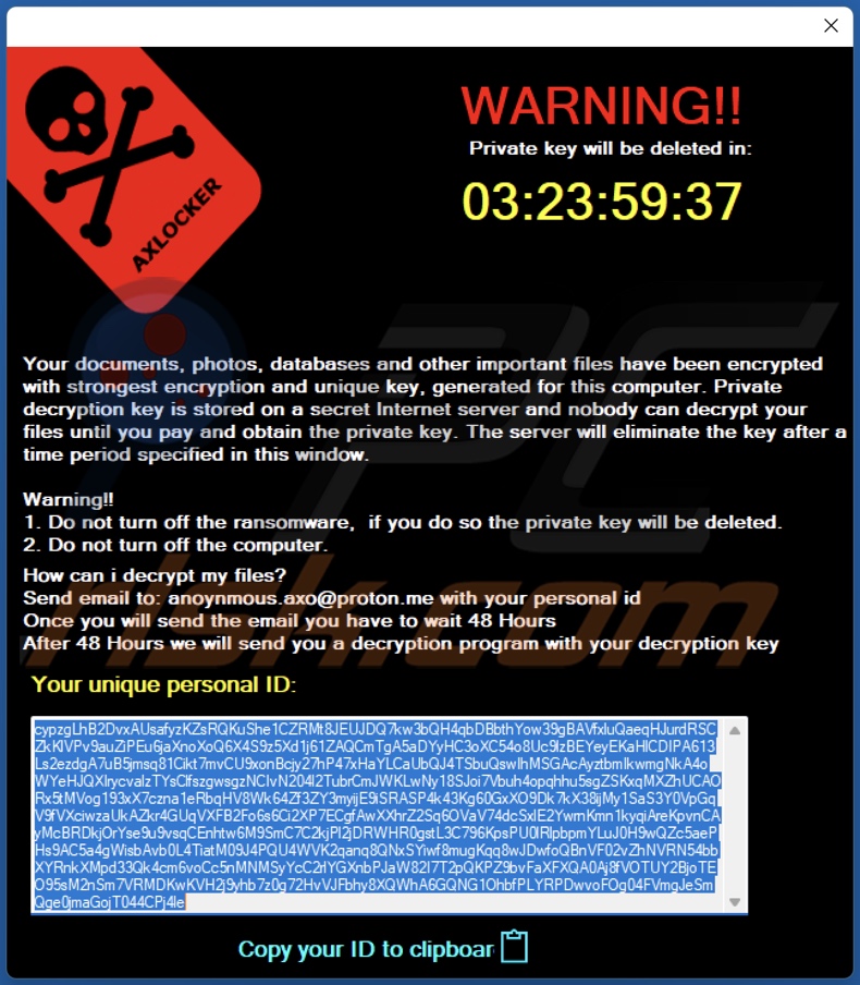 AXLocker ransomware ransom note (pop-up)