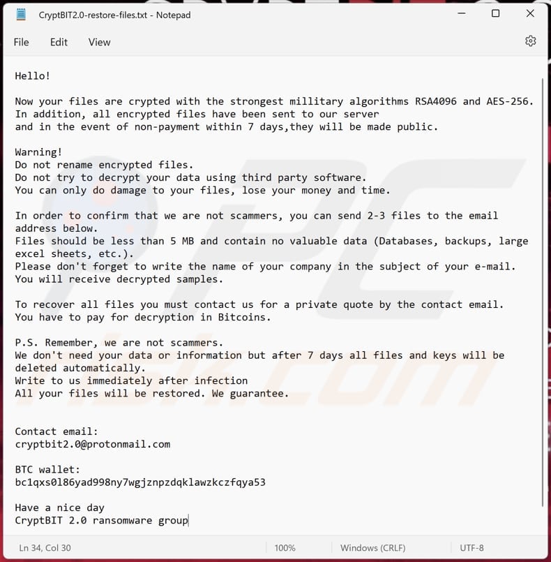 CryptBIT 2.0 ransomware tekstbestand (CryptBIT2.0-restore-files.txt)
