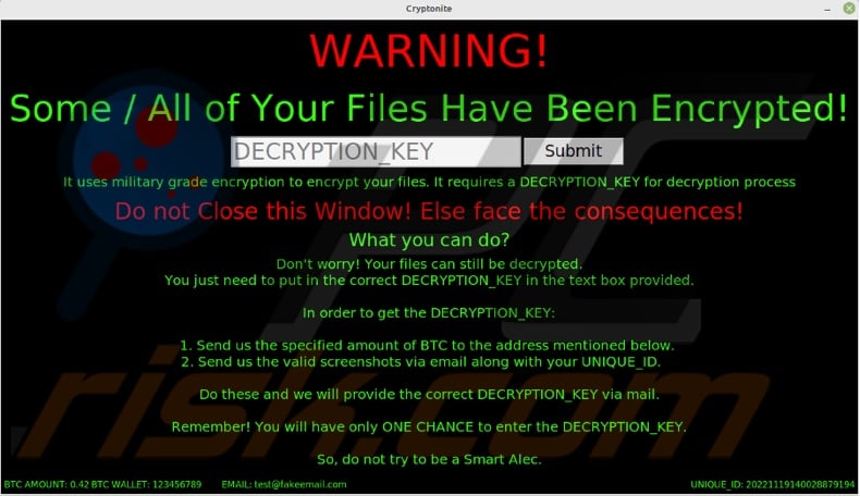 Cryptonite (.cryptn8) ransomware ransom note (pop-up)
