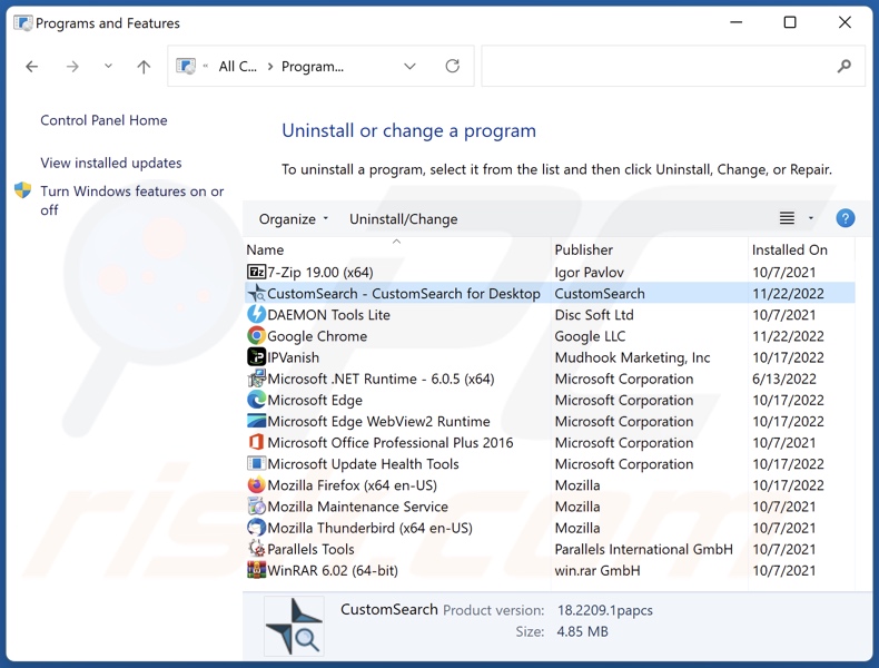 CustomSearch browser hijacker verwijderen via het Configuratiescherm