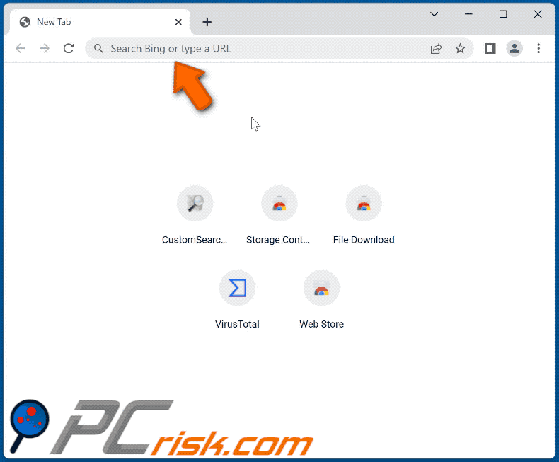 CustomSearch browser hijacker omleiden (via nseext.info) naar Bing (GIF)