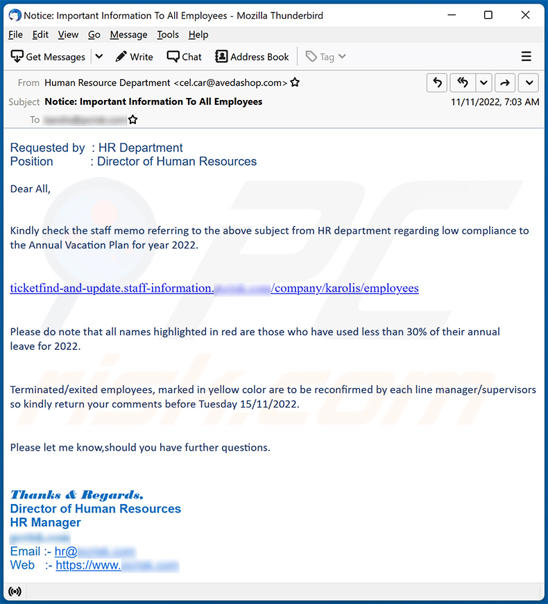 HR (Human Resources) email scam (2022-11-15)