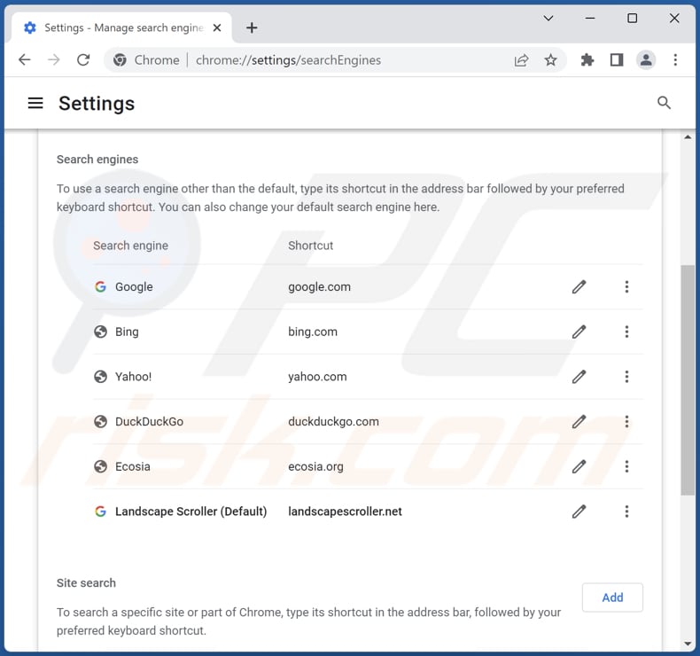 Search.landscapescroller.net verwijderen uit de standaardzoekmachine van Google Chrome