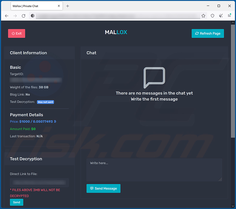 Mallox ransomware Tor website