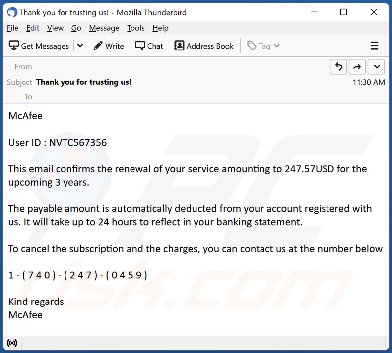 Payment For McAfee Subscription scam email example 4