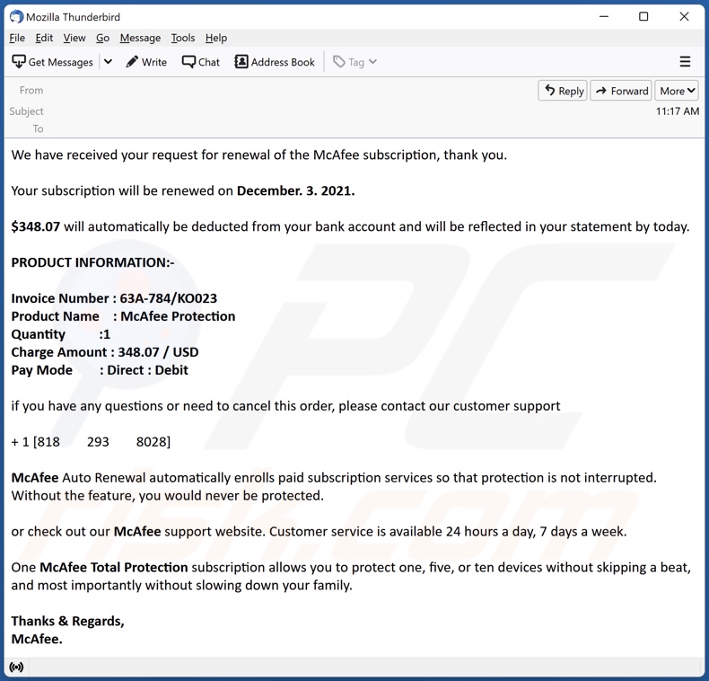 Payment For McAfee Subscription scam email example 5