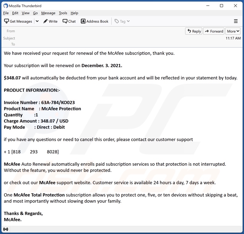 Payment For McAfee Subscription scam email example 5