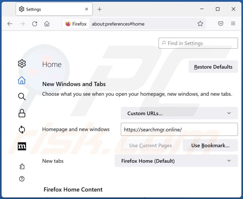 Searchmgr.online verwijderen van de startpagina van Mozilla Firefox