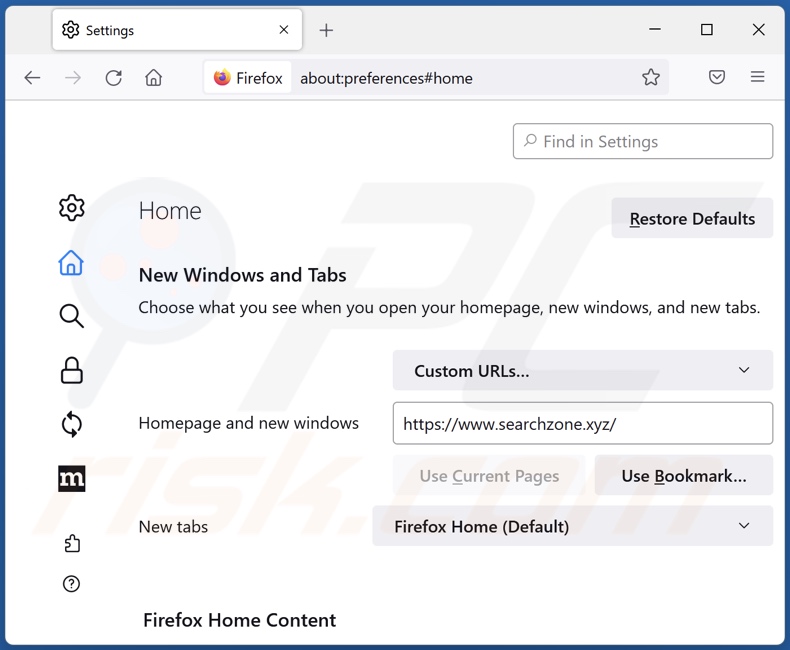Searchzone.xyz verwijderen van de startpagina van Mozilla Firefox