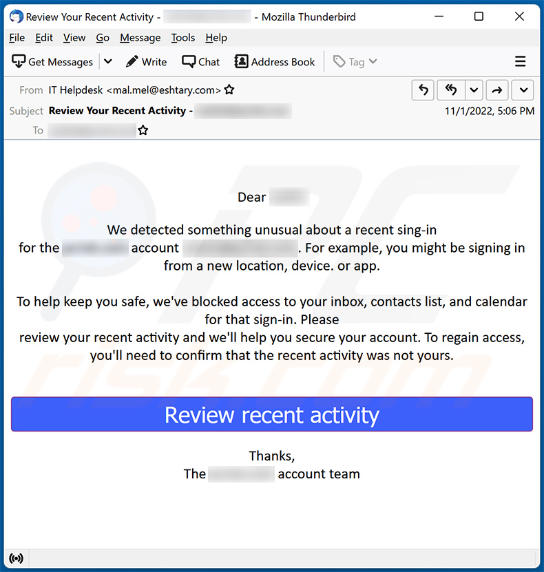 Unusual Sign-in Activity-themed spam email (2022-11-04)