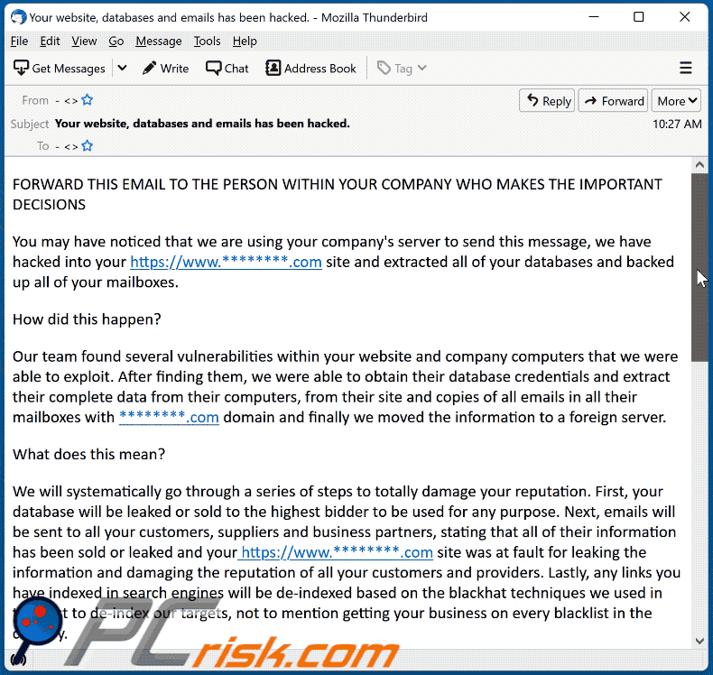 We Are Using Your Company's Server To Send This Message scam email appearance