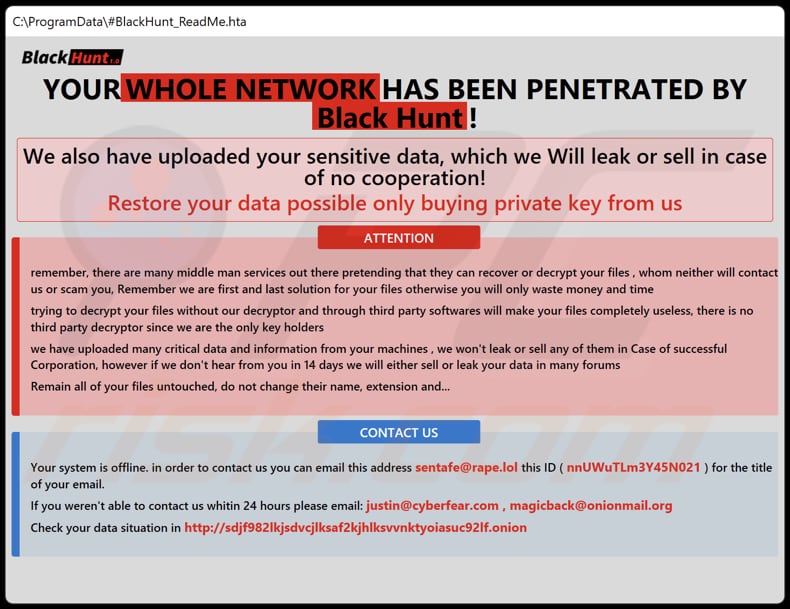 Black Hunt ransomware HTA-bestand (BlackHunt_ReadMe.hta)