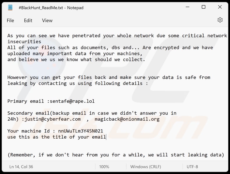 Black Hunt ransomware losgeldnota in een tekstbestand (#BlackHunt_ReadMe.txt)